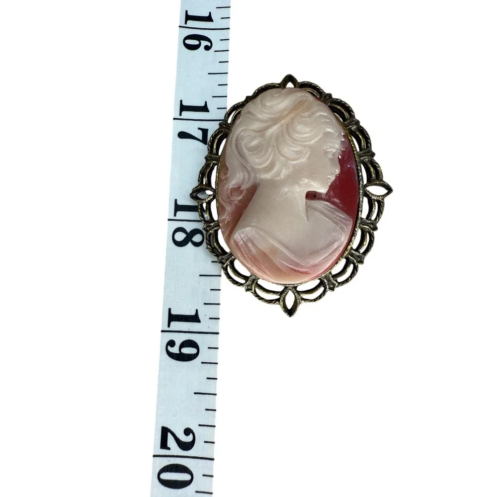 Cameo Brooch Pink Red Antiqued Bronze Filigree Victorian Style Pin - Picture 5 of 6